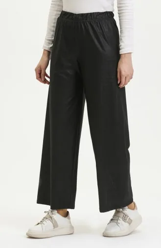 Flowy waist Elasticated wide Leg Flocked Leather Trousers 8728-01 Black 8728-01