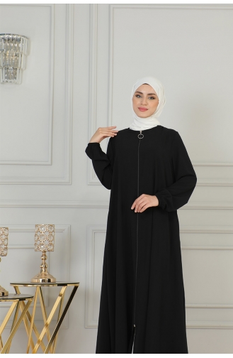 Boydan Fermuarlı Medine İpeği Ferace 2305-02 Siyah