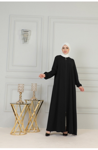 Boydan Fermuarlı Medine İpeği Ferace 2305-02 Siyah