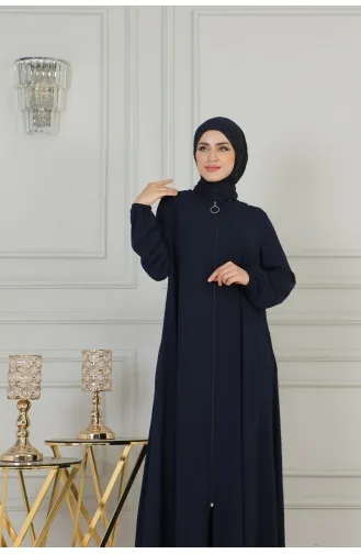 Boydan Fermuarlı Medine İpeği Ferace 2305-03 Lacivert