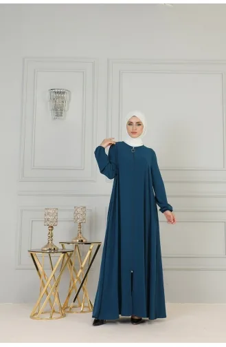 Boydan Fermuarlı Medine İpeği Ferace 2305-04 Petrol