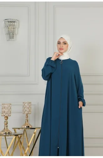 Boydan Fermuarlı Medine İpeği Ferace 2305-04 Petrol