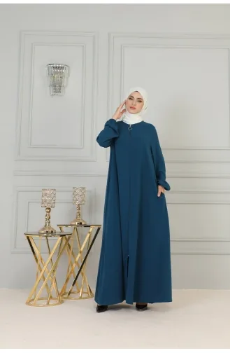 Boydan Fermuarlı Medine İpeği Ferace 2305-04 Petrol