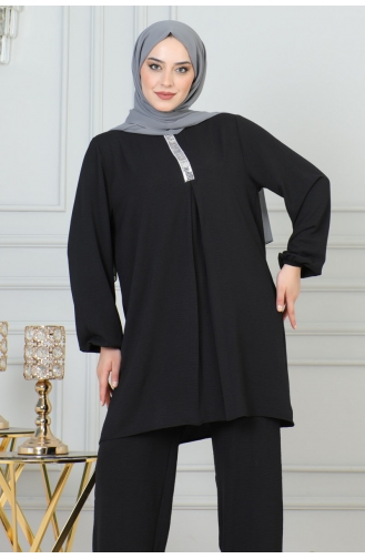 Sequin Detailed Hijab Suit 0002-01 Black 0002-01