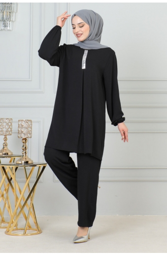 Sequin Detailed Hijab Suit 0002-01 Black 0002-01