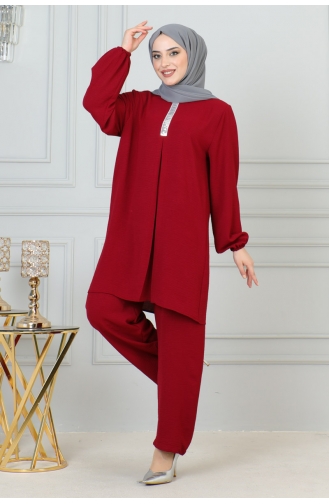 Sequin Detailed Hijab Suit 0002-02 Claret Red 0002-02