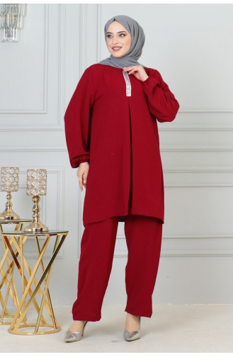 Sequin Detailed Hijab Suit 0002-02 Claret Red 0002-02