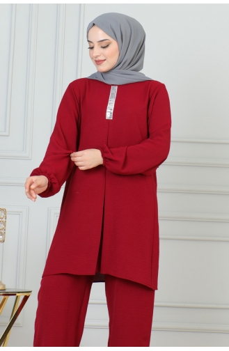 Sequin Detailed Hijab Suit 0002-02 Claret Red 0002-02