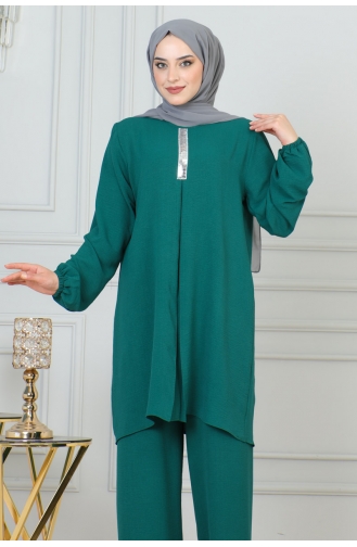 Sequin Detailed Hijab Suit 0002-03 Emerald Green 0002-03