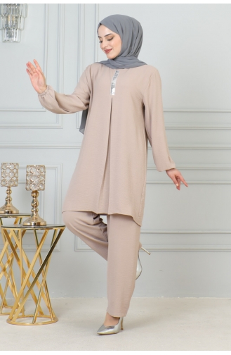 Sequin Detailed Hijab Suit 0002-04 Mink 0002-04