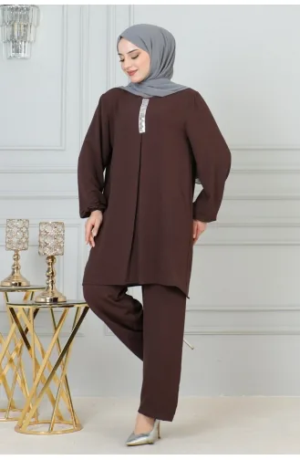 Paillettendetaillierter Hijab-Anzug 0002-05 Braun 0002-05