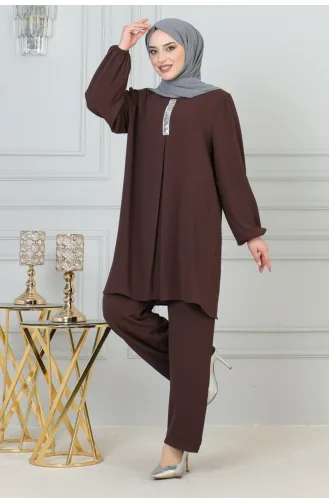 Paillettendetaillierter Hijab-Anzug 0002-05 Braun 0002-05