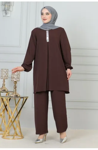 Paillettendetaillierter Hijab-Anzug 0002-05 Braun 0002-05