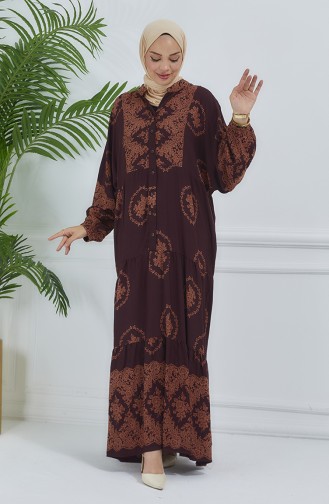 Robe à Motifs Manches Ballon 5585-05 Marron 5585-05