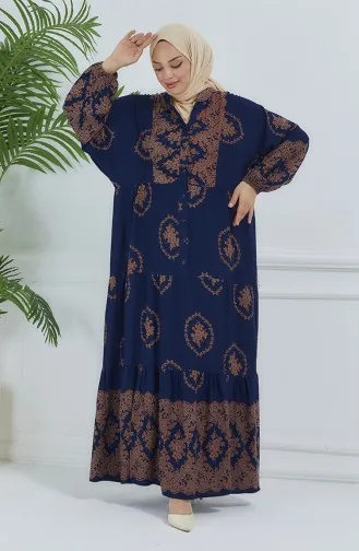 Robe à Motifs Manches Ballon 5585-02 Bleu Marine 5585-02