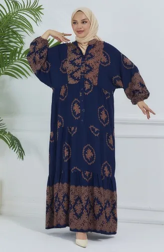 Robe à Motifs Manches Ballon 5585-02 Bleu Marine 5585-02