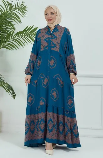 Gemustertes Kleid Mit Ballonärmeln 5585-01 Petrol 5585-01