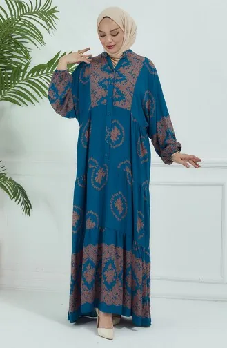 Gemustertes Kleid Mit Ballonärmeln 5585-01 Petrol 5585-01