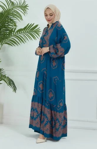 Gemustertes Kleid Mit Ballonärmeln 5585-01 Petrol 5585-01