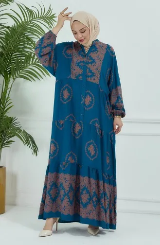 Gemustertes Kleid Mit Ballonärmeln 5585-01 Petrol 5585-01