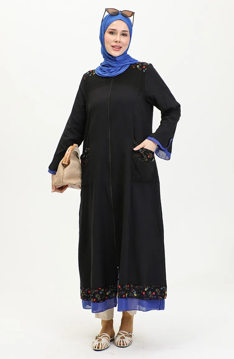 عباية سادة من نسيج شيلة 6767-03 أسود أزرق 6767-03