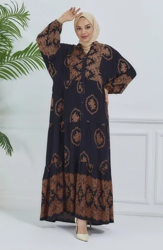 فستان منقوش بأكمام بالون 5585-03 أسود 5585-03