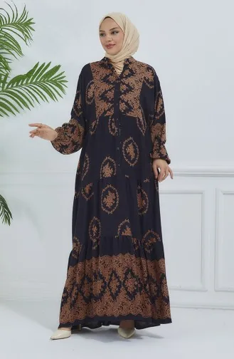 فستان منقوش بأكمام بالون 5585-03 أسود 5585-03