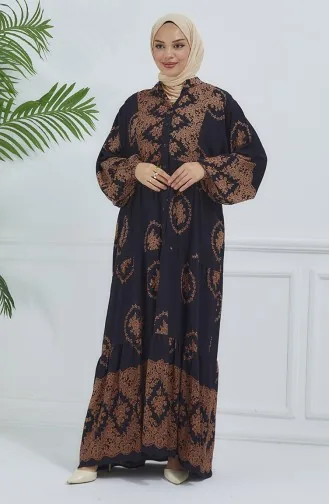 فستان منقوش بأكمام بالون 5585-03 أسود 5585-03