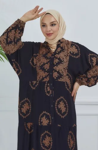 فستان منقوش بأكمام بالون 5585-03 أسود 5585-03