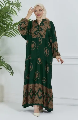 Jurk Met Ballonmouwen En Patroon 5585-04 Smaragdgroen 5585-04