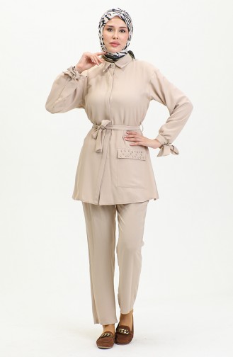 Costume Double Détaillé Avec Poche Beige Tk217 1260