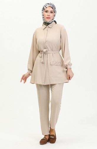 Costume Double Détaillé Avec Poche Beige Tk217 1260
