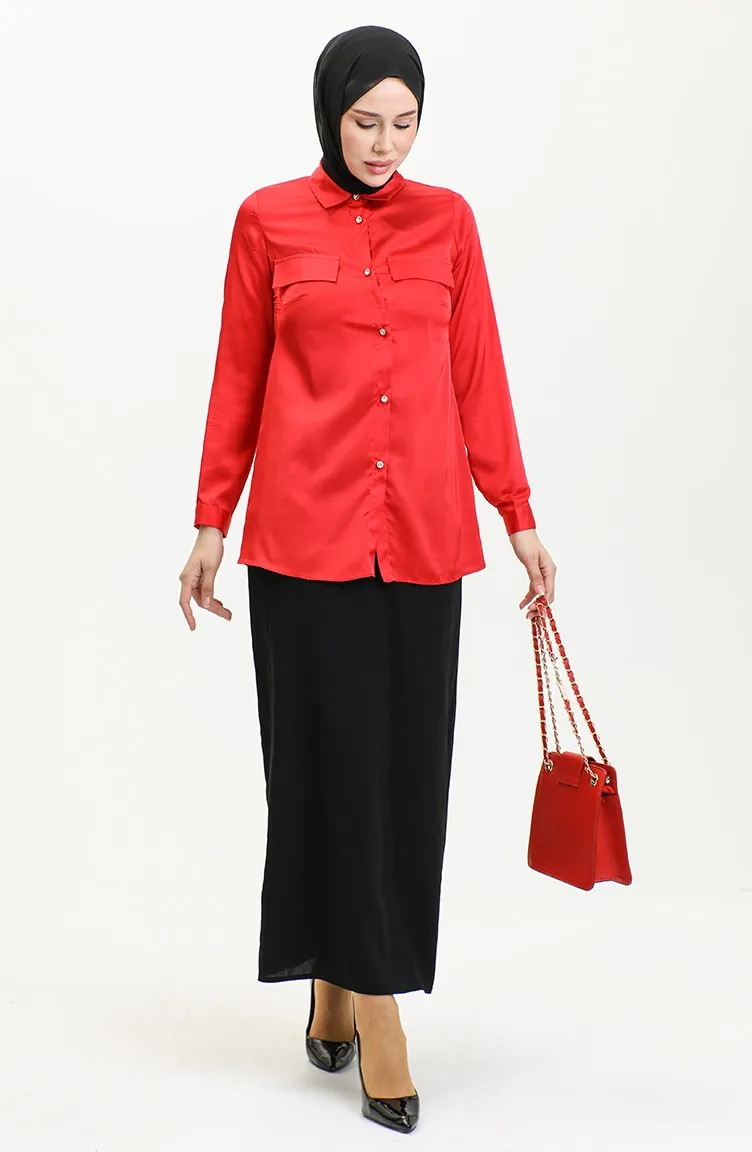 Chemise En Satin Détaillée Avec Couverture De Poche Rouge T1648 1022