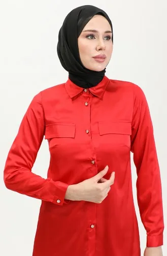 Chemise En Satin Détaillée Avec Couverture De Poche Rouge T1648 1022