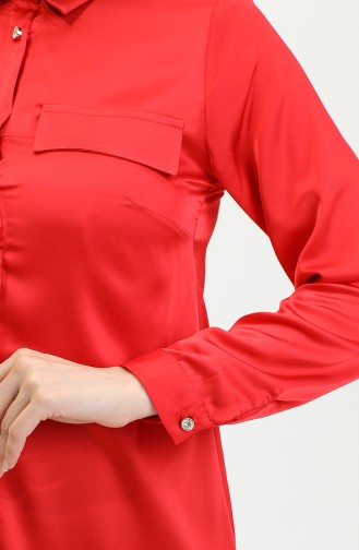 Pocket Cover Detailed Satin Shirt Red T1648 1022