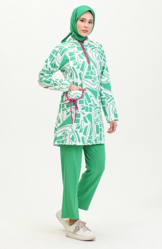 Desenli Tesettür Takım Yeşil Tk223