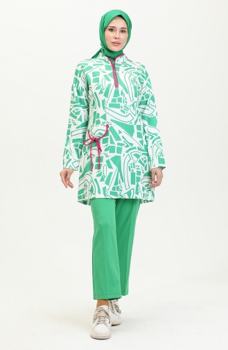 Desenli Tesettür Takım Yeşil Tk223