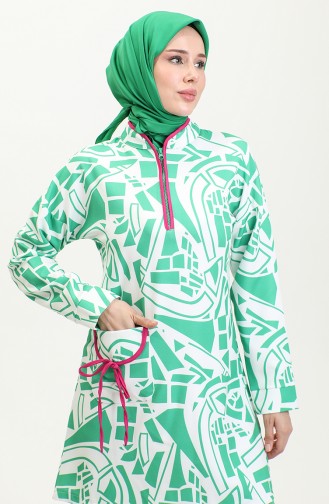 Desenli Tesettür Takım Yeşil Tk223