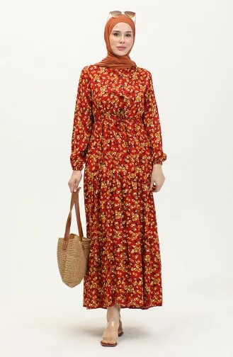 Viscose-jurk Met Bloemenpatroon 0426-02 Claret Red Mosterd 0426-02