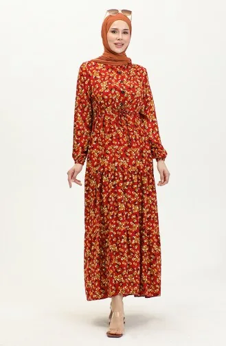 Viscose-jurk Met Bloemenpatroon 0426-02 Claret Red Mosterd 0426-02