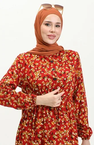 Viscose-jurk Met Bloemenpatroon 0426-02 Claret Red Mosterd 0426-02
