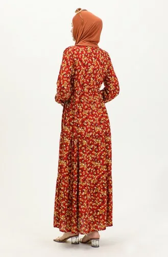 Viscose-jurk Met Bloemenpatroon 0426-02 Claret Red Mosterd 0426-02