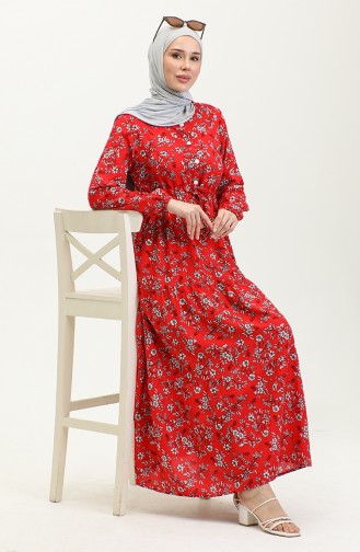 Papatya Desen Viskon Elbise 0425-04 Kırmızı