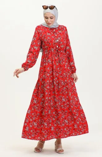 Daisy Pattern Viscose Dress 0425-04 Red 0425-04