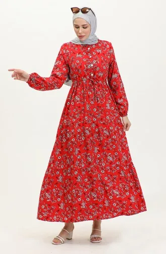 Daisy Pattern Viscose Dress 0425-04 Red 0425-04