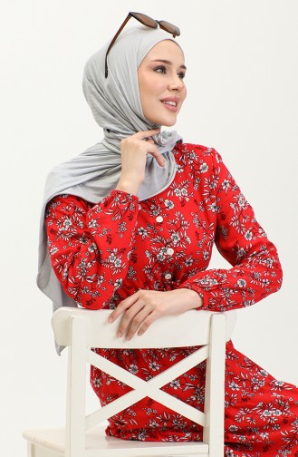 Papatya Desen Viskon Elbise 0425-04 Kırmızı