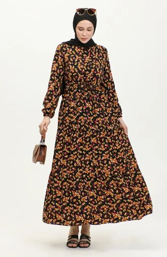 Floral Patterned Viscose Dress 0426-01 Black Mustard 0426-01