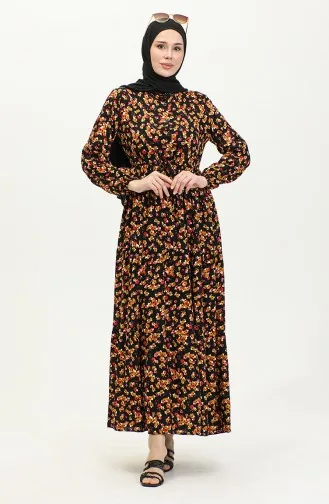 Floral Patterned Viscose Dress 0426-01 Black Mustard 0426-01