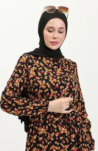Floral Patterned Viscose Dress 0426-01 Black Mustard 0426-01