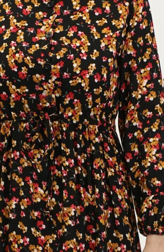 Floral Patterned Viscose Dress 0426-01 Black Mustard 0426-01